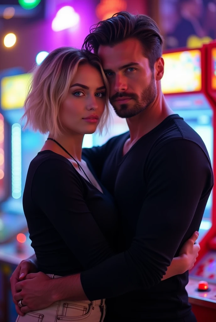 Imagem dark fantasy, woman short dark blonde hair, with glasses, black blouse, beige pants, blue eye, hugging a dark brown haired man, whisker, in a black long sleeve shirt, in an arcade.