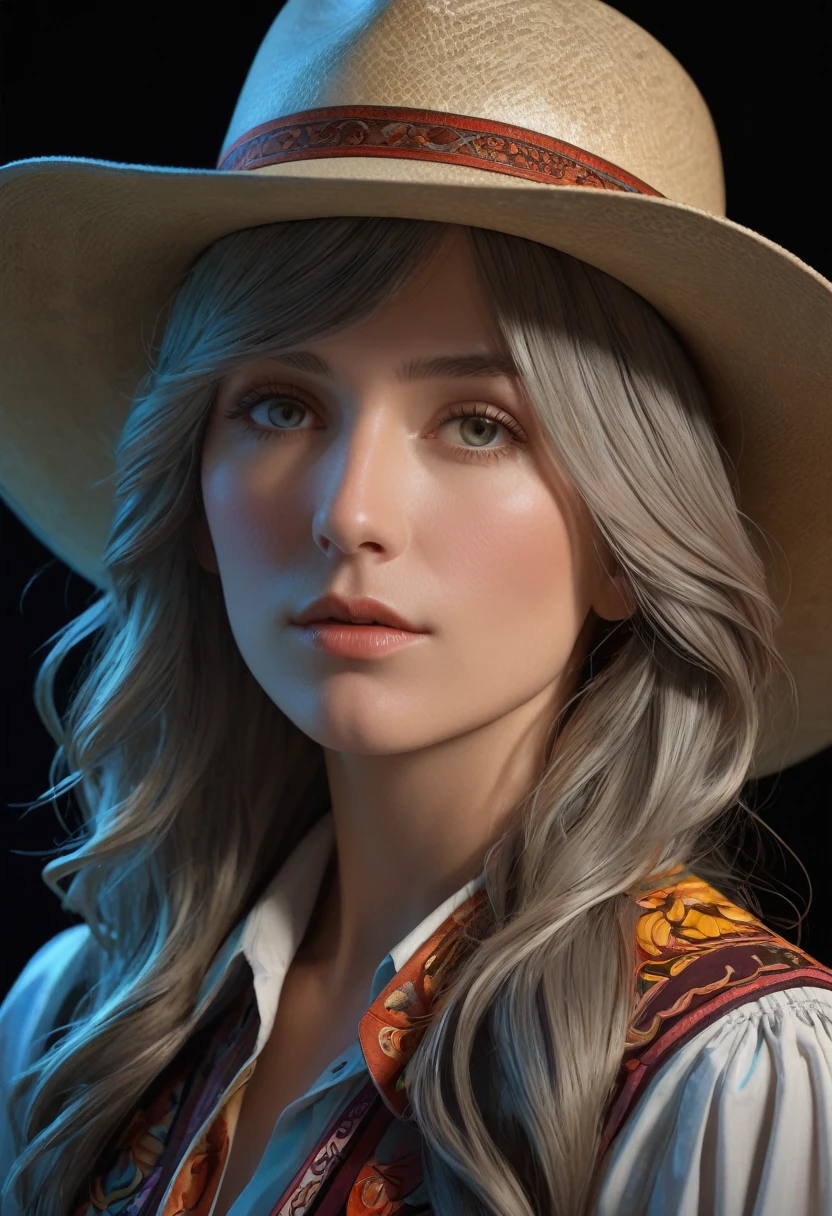 (Front Focus), (In the Dark:1.6), Hyperrealist Female Portrait by David Hockney and Alphonse Mucha, Fantasy art, Photorealistic, Dynamic Lighting, Art Station, Poster, Volumetric lighting, Highly detailed face, 4k yen, Awards, One person, In the Dark, Deep Shadow, Modest, Cowboy Shot, (Sexy Costumes), Long Hair, Gray Hair