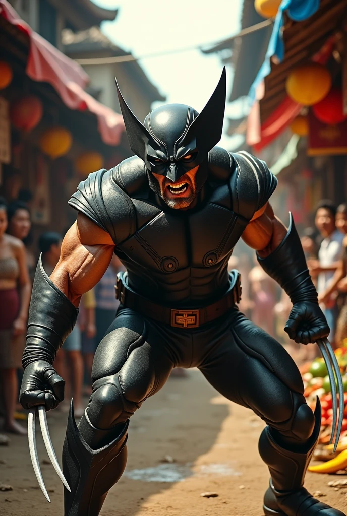 (photorealism:1.2), (HDR quality), (realistics wolverine costume), the wolverine angry with his sharps claws pose, at the traditional market(detailed situations and conditions), many people watching them