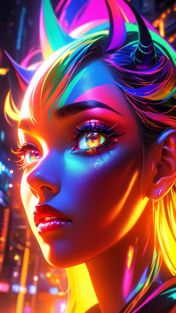 a mystical girl in a vibrant fantasy landscape, beautiful detailed eyes, beautiful detailed lips, extremely detailed eyes and face, long eyelashes, girl with blue neon horns, plaid shirt, high-quality digital oil painting, hyper-realistic character, double exposure effect, glowing emerald luminescent eyes, explosive crimson color scheme with crimson-bloody glowy, high temperature of colors, dark saturated colors, luminescent neon contours, glowy color palette, cinematic lighting, vibrant colors, photorealistic, concept art style, 8K, HDR, physically-based rendering, extreme detail, blur, depth of field, blurred foreground