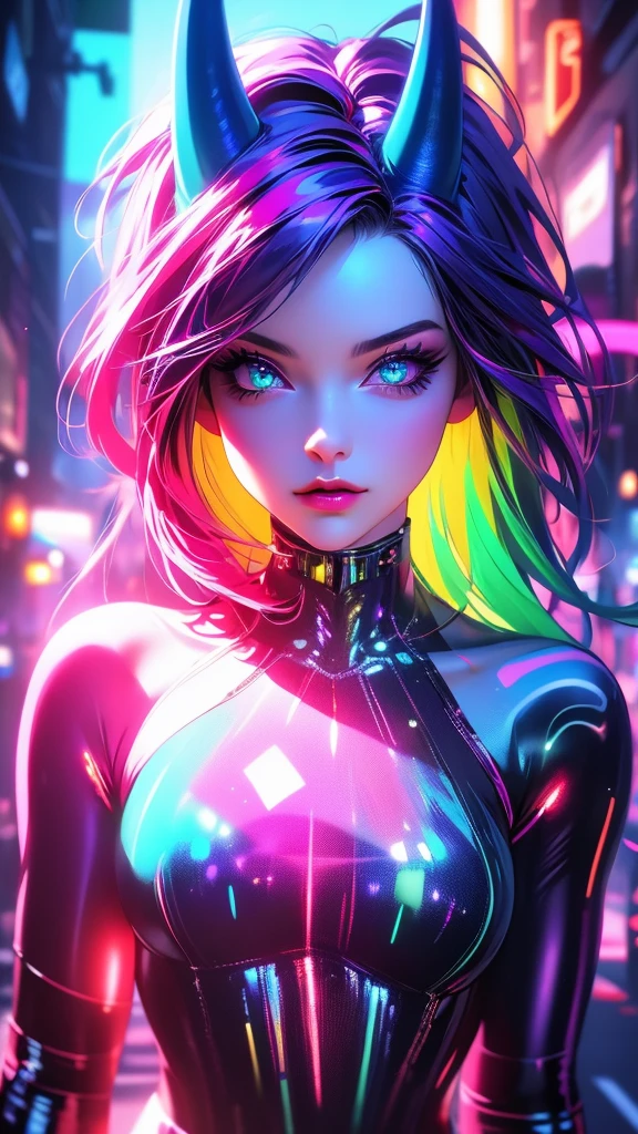 a mystical girl in a vibrant fantasy landscape, beautiful detailed eyes, beautiful detailed lips, extremely detailed eyes and face, long eyelashes, girl with blue neon horns, plaid shirt, high-quality digital oil painting, hyper-realistic character, double exposure effect, glowing emerald luminescent eyes, explosive crimson color scheme with crimson-bloody glowy, high temperature of colors, dark saturated colors, luminescent neon contours, glowy color palette, cinematic lighting, vibrant colors, photorealistic, concept art style, 8K, HDR, physically-based rendering, extreme detail, blur, depth of field, blurred foreground