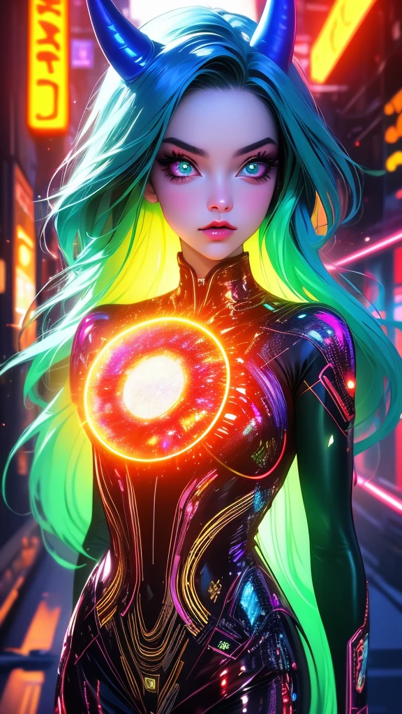 a mystical girl in a vibrant fantasy landscape, beautiful detailed eyes, beautiful detailed lips, extremely detailed eyes and face, long eyelashes, girl with blue neon horns, plaid shirt, high-quality digital oil painting, hyper-realistic character, double exposure effect, glowing emerald luminescent eyes, explosive crimson color scheme with crimson-bloody glowy, high temperature of colors, dark saturated colors, luminescent neon contours, glowy color palette, cinematic lighting, vibrant colors, photorealistic, concept art style, 8K, HDR, physically-based rendering, extreme detail, blur, depth of field, blurred foreground