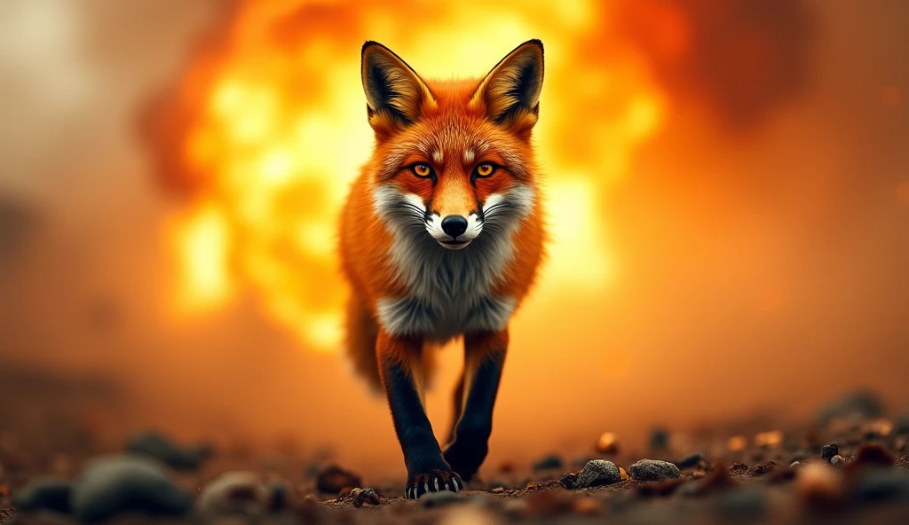 FOX COMING TOWARDS CAMERA WITH HUGE EXPLOSION IN THE BACKGROUND