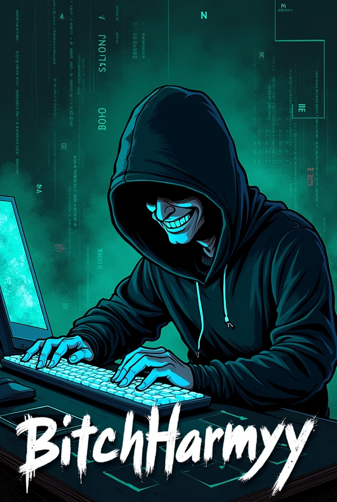 Hand drawn a  having fun hacking a computer with the usual hacker background face covered leds in the keyboard (blue) leds in the computer (green) forward shot  and a written with hacker style writing BitchHarmyyy