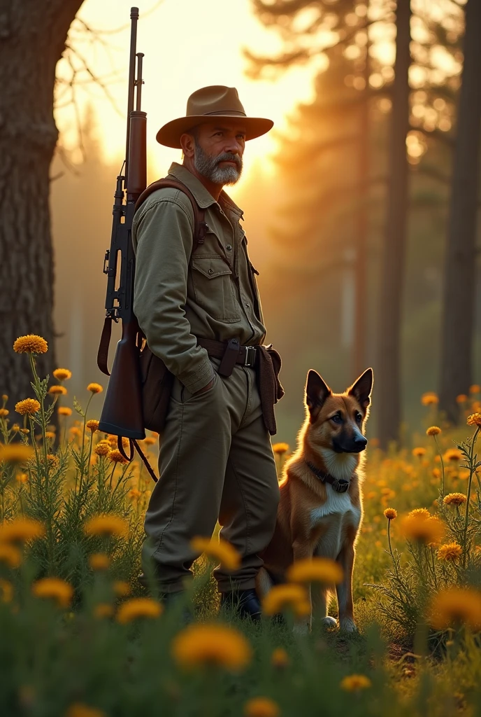 In 1920 after the war, Homme 25 ans baroudeur proche de la nature 
Carabine en bandoulière.  A dog next to him
