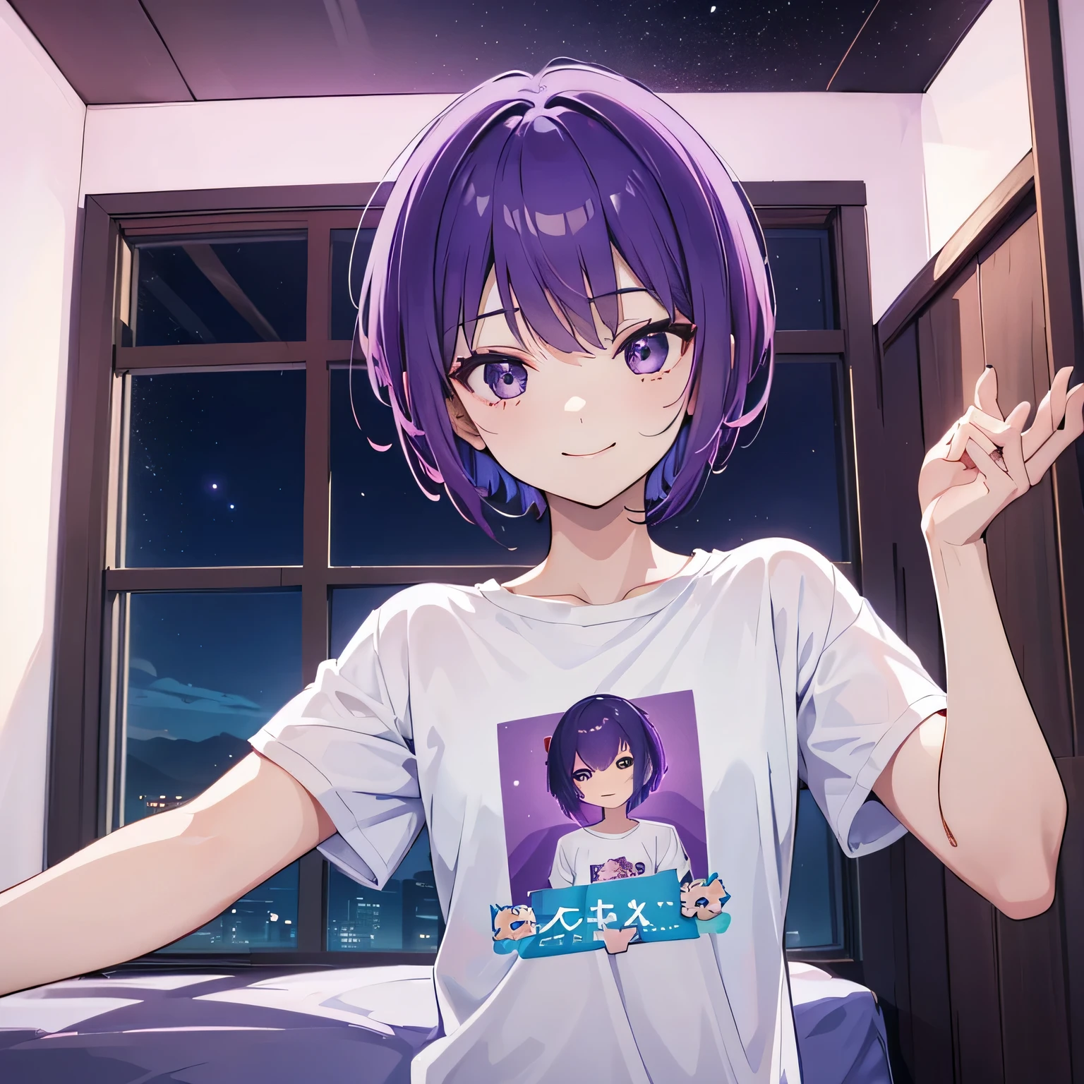 (T Masterpiece，4K wallpaper，Best Quality))、((１people))、(solo)、Bright and Brilliant，(Purple Hair)、(short hair:1.3)、smile、Bedroom、T-Shirts、night