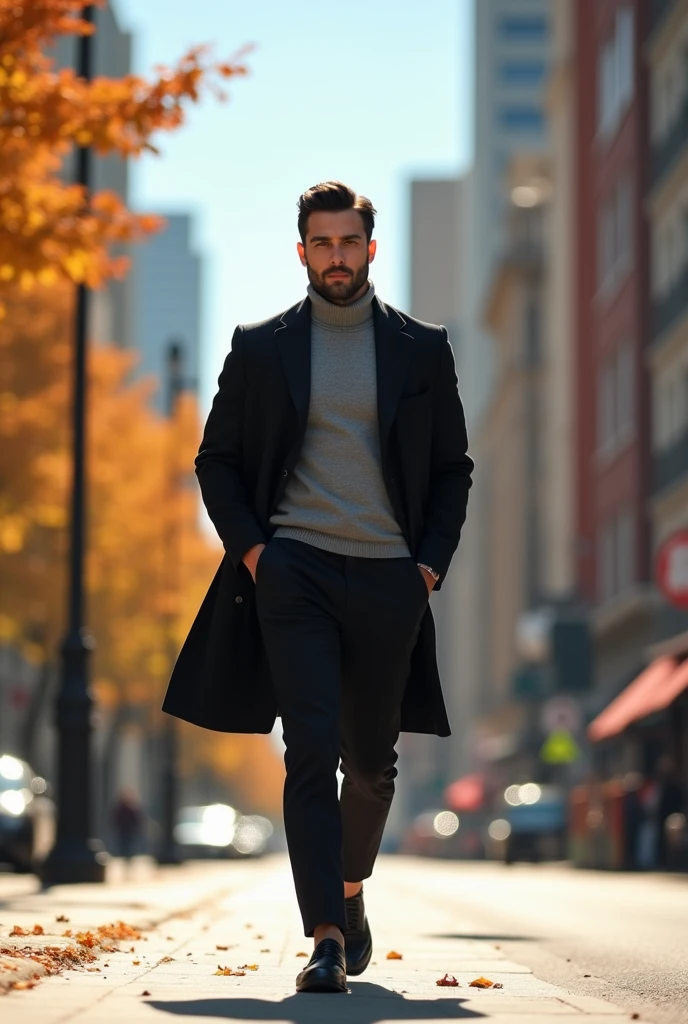 фото full length идущего по городу мужчины, Medium height, 35 years, black hair, Sports figure, broad shoulders, a neat stylish hairstyle, wide cheekbones, grey turtleneck coat, black dress pants, black short blazer, black leather derby shoes, stylish black blazer, warm autumn, Early autumn, Sunny weather, walking through the city, looks ahead, Stylish look, thoughtful look, full length, free pose, dynamic pose, solar lighting, daylight, black hair, blunt bangs, Serious, expressionless, atmospheric perspective, bokeh, f/1.8, 85mm, Nikon, depth of field, uhd, masterpiece, accurate, anatomically correct, textured skin, super detail, high details, high quality, highres, 4K