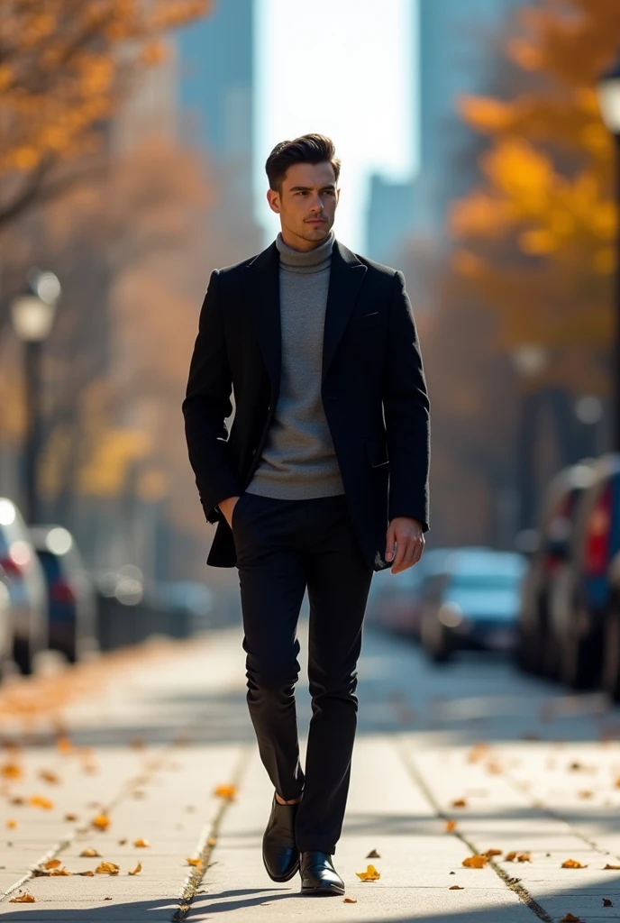фото full length идущего по городу мужчины, Medium height, 35 years, black hair, Sports figure, broad shoulders, a neat stylish hairstyle, wide cheekbones, grey turtleneck coat, black dress pants, black short blazer, black leather derby shoes, stylish black blazer, warm autumn, Early autumn, Sunny weather, walking through the city, looks ahead, Stylish look, thoughtful look, full length, free pose, dynamic pose, solar lighting, daylight, black hair, blunt bangs, Serious, expressionless, atmospheric perspective, bokeh, f/1.8, 85mm, Nikon, depth of field, uhd, masterpiece, accurate, anatomically correct, textured skin, super detail, high details, high quality, highres, 4K