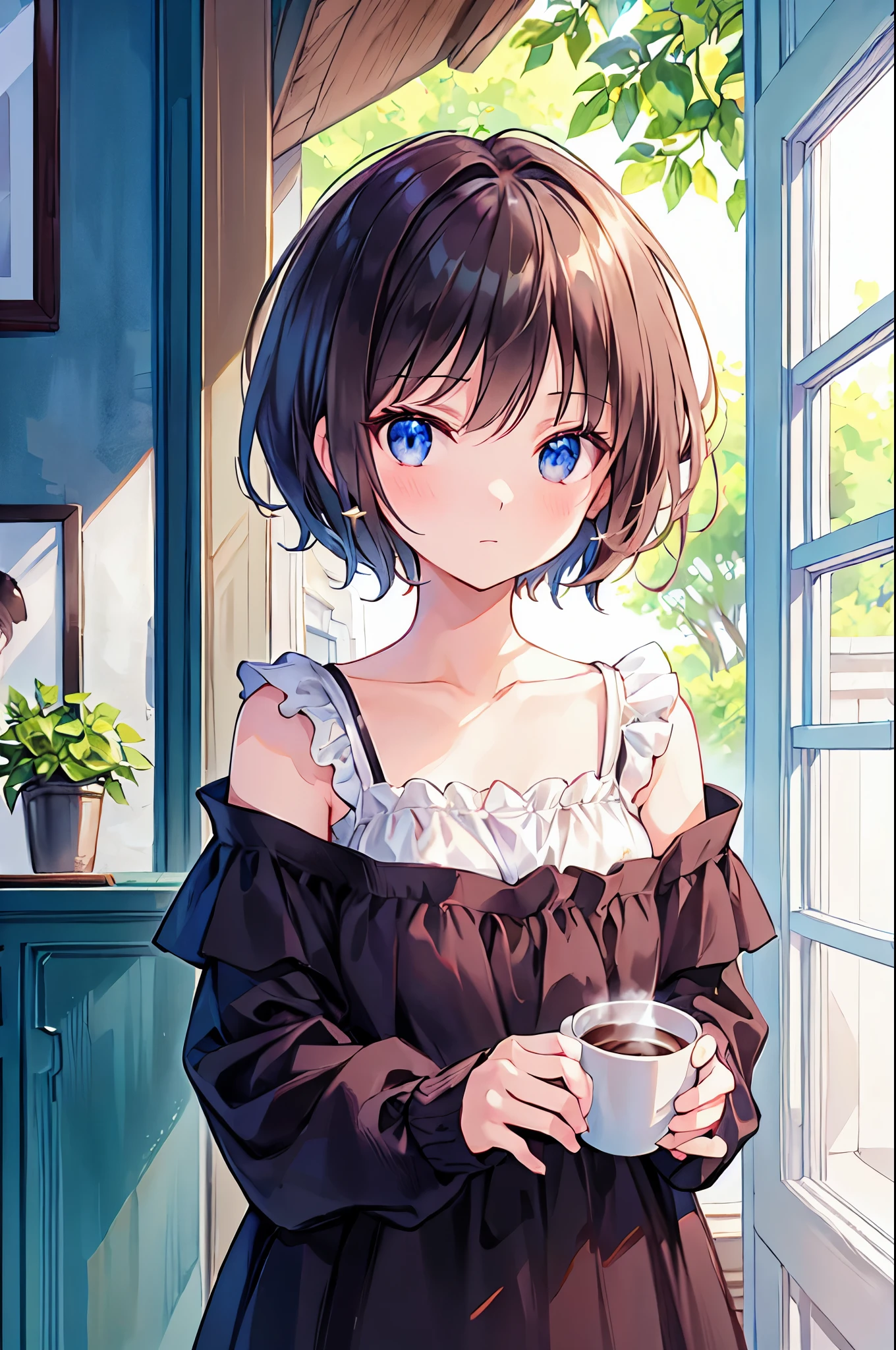 masterpiece, Highest quality, One Girl, Upper body,,short hair, , , Casual clothing, Frills, Plein Air、Inside the room、relax、Drink coffee、Focus on the face、The viewer is the viewer's gaze,Brown Hair,Messy Hair,Slender beauty,Beautiful feet,A charming smile,