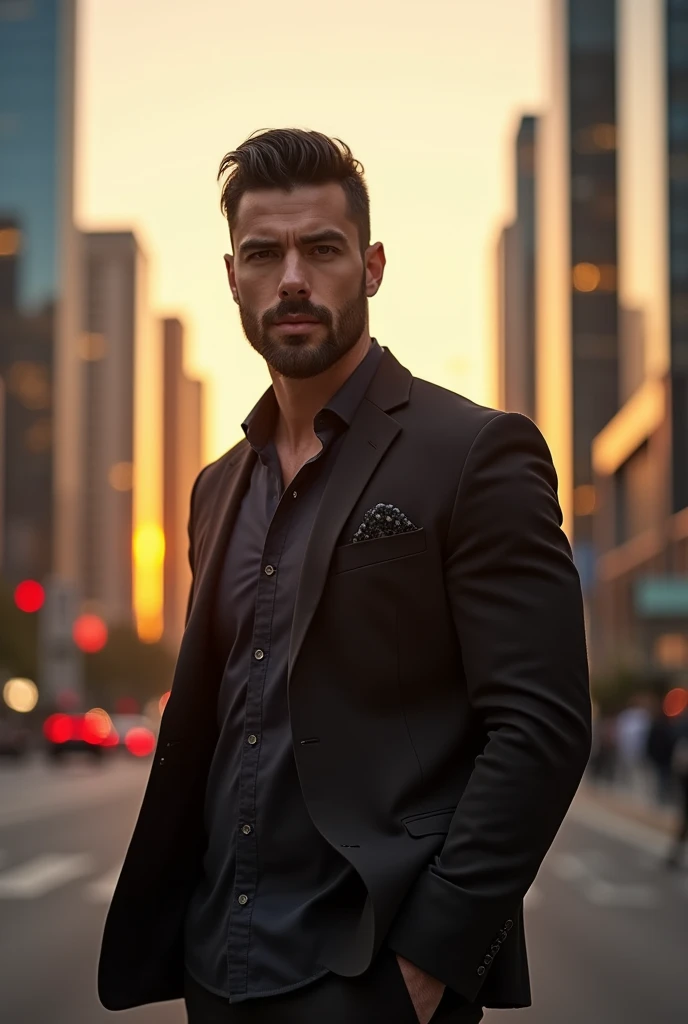 A handsome and hot man with set beard and 28 age