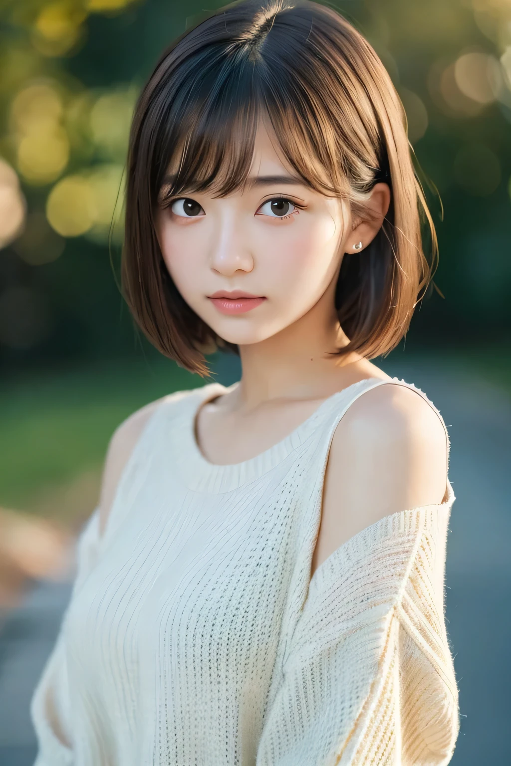 masutepiece, Best Quality, 8K, 20 yo, large full breasts, cute little, Solo, sad, Cute, Girly, Delicate girl, Neat and clean beauty,  Raw photo, Professional Photography, Portrait, Soft light, Professional Lighting, Back lighting, Upper body, Looking away, Sophisticated, Film grain, (Eyes and faces with detailed:1.0), Short-length floating hair, Beautiful flowing hair, Bangs, Sweaters,