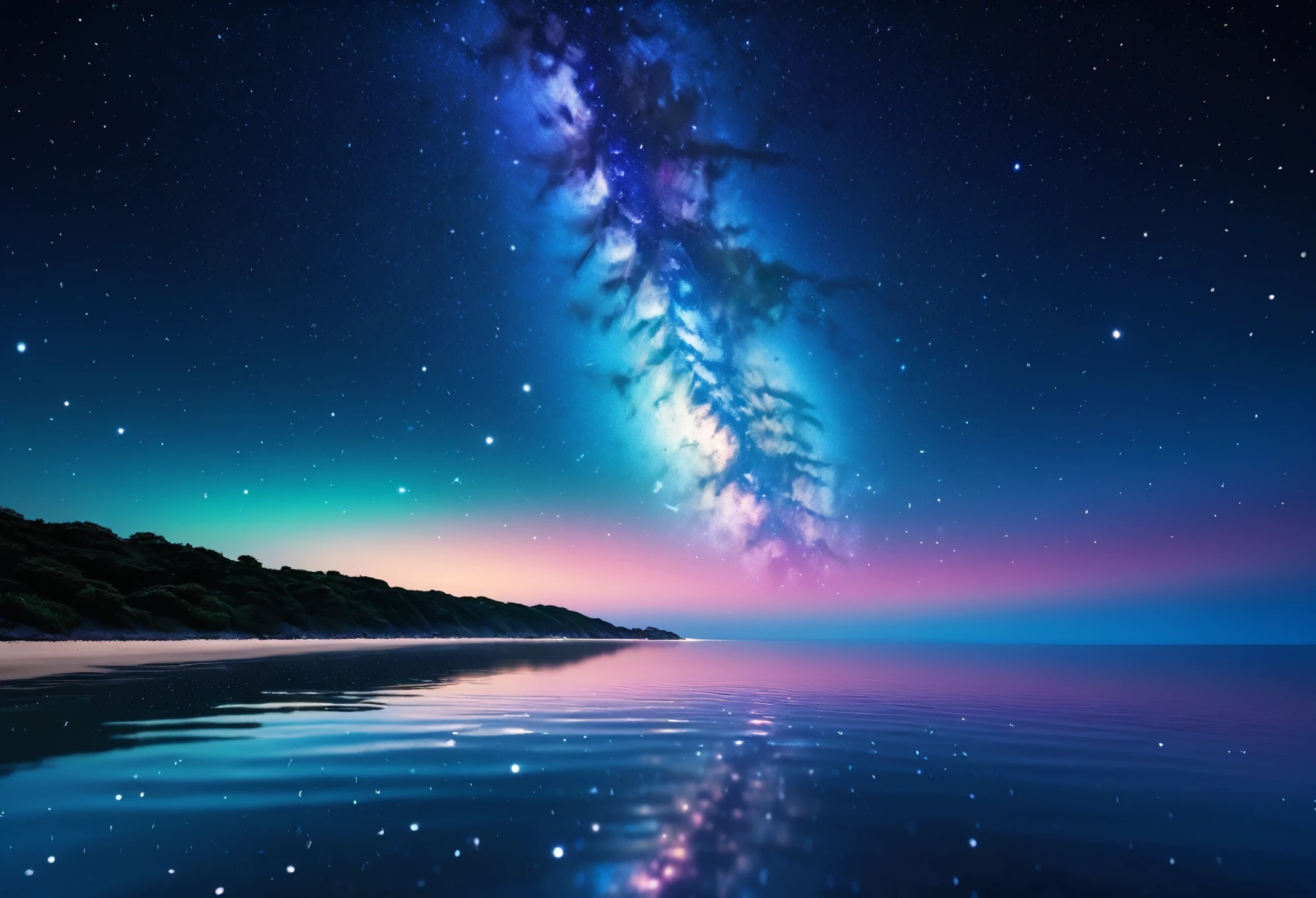 Starry sky reflected on the sea surface, Shining Sirius, Beautiful galaxy sparkles, The starry sky colors the sea surface.、The boundary between the sky and the sea is very vague, creating a fantastical landscape.。(Highest quality:1.2, Very detailed, Latest, Vibrant, Ultra-high resolution, High Contrast, masterpiece:1.2, Best aesthetics),