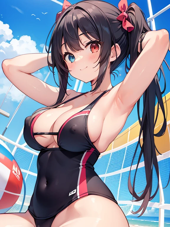 (Masterpiece, top quality, super high quality, super high detail, beautiful hair, beautiful eyes, perfect face), Summer, beach, sun, blue sky, crowded beach, short twintails hair, black hair, very baby face, droopy eyes, heterochromia, pink eye, orange eye, very huge breasts, 145cm tall girl playing beach volleyball with her upper body naked, tits fully exposed, tits Bloons, girl is playing beach volleyball with a smile on her face, unaware that her boobs are showing,, nipples