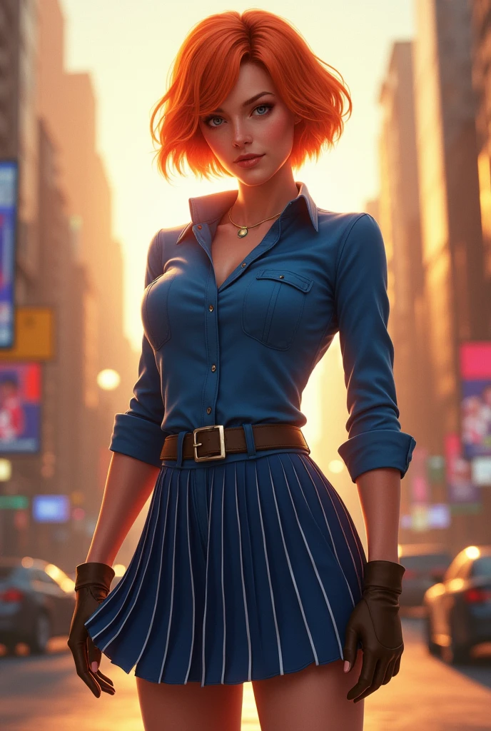 Dans la réalité, le personnage de Gwen Tennyson dans le film Ben 10 a les cheveux courts orange, she is wearing a blue blouse and a blue striped skirt, she is super realistic (do not miss).
