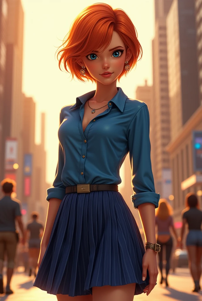 Dans la réalité, le personnage de Gwen Tennyson dans le film Ben 10 a les cheveux courts orange, she is wearing a blue blouse and a blue striped skirt, she is super realistic (do not miss).