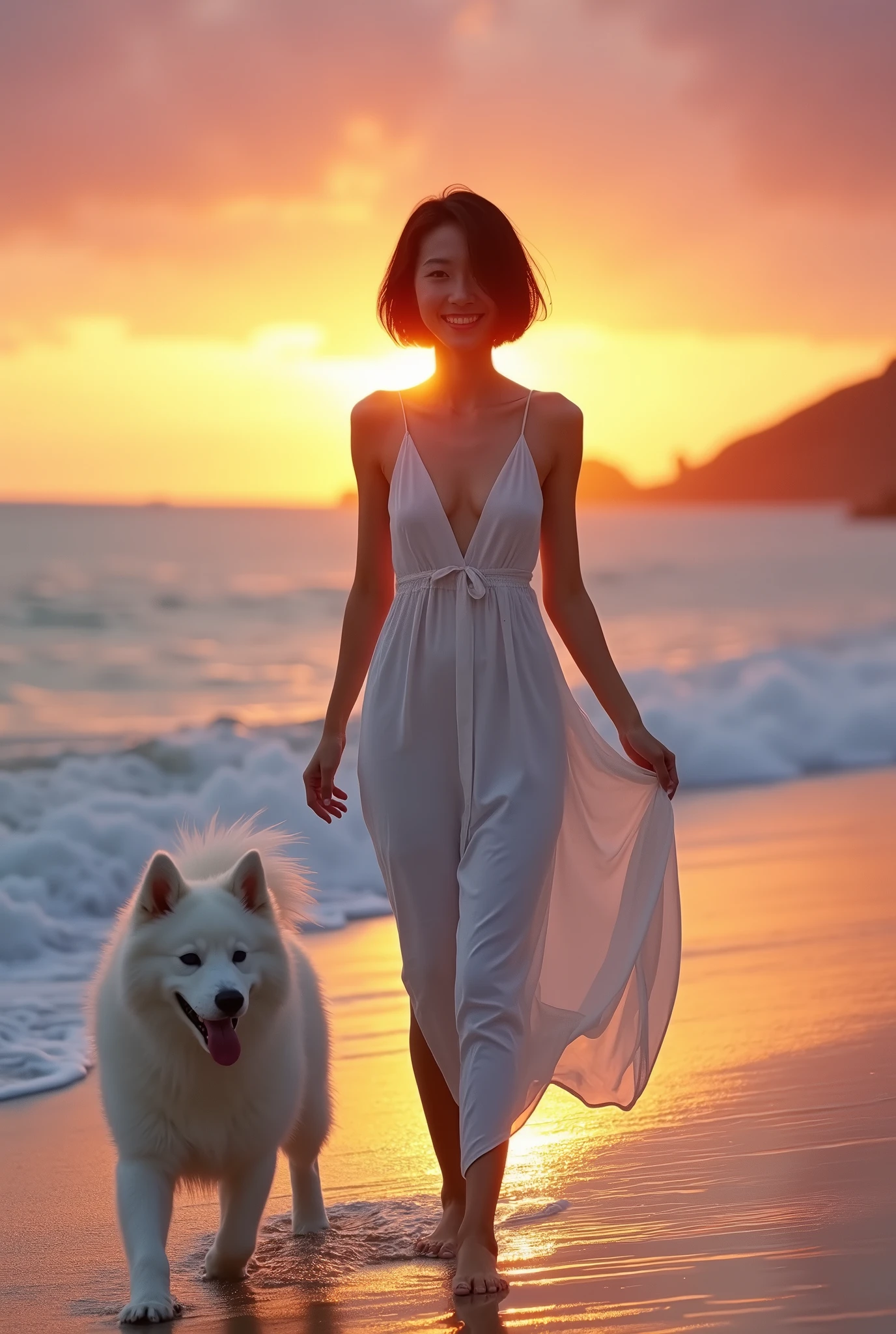 Highest quality, masterpiece, Ultra-high resolution, full body, A beautiful sunset over the coastline. The waves are gently lapping at the shore. A slender Japanese woman in her mid-20s, Short hair, wearing a white dress, is walking slowly along the water’s edge. As she walks, she gives a light smile towards the camera. Following behind her is a Samoyed with fluffy white fur.