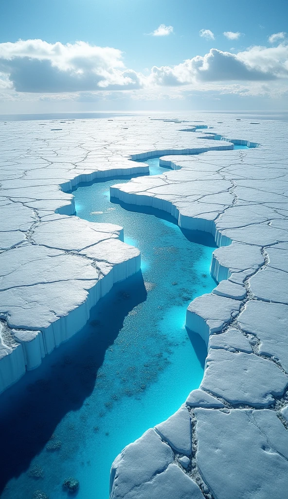 Generate an aerial view of Greenland, showing a combination of ice, water, and sky."