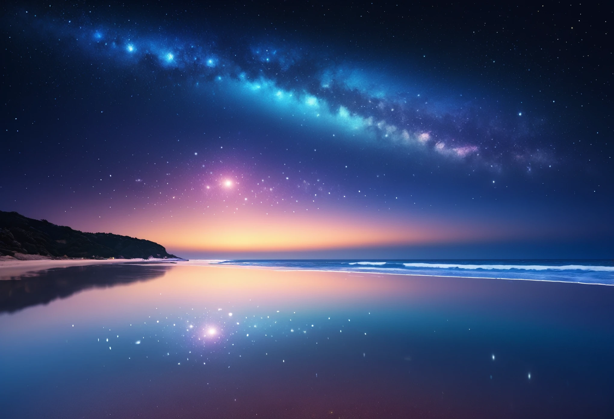 Starry sky reflected on the sea surface, Shining Sirius, Beautiful galaxy sparkles, Calm sea without waves, The starry sky colors the sea surface.、The boundary between the sky and the sea is very vague, creating a fantastical landscape.。(Highest quality:1.2, Very detailed, Latest, Vibrant, Ultra-high resolution, High Contrast, masterpiece:1.2, Best aesthetics),