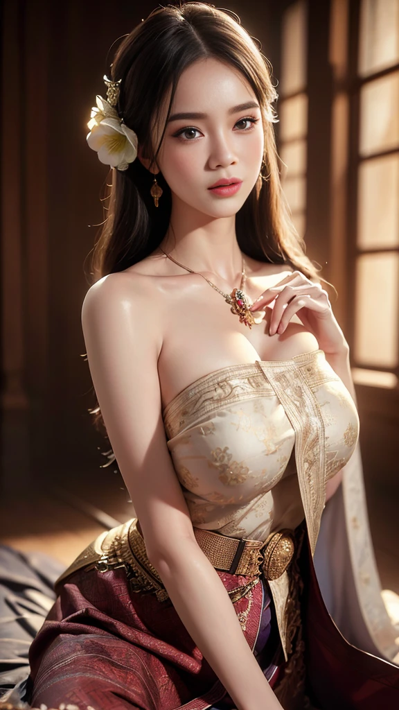 (RAW photos:1.2), (realistic:1.4), (Masterpiece:1.3), (best quality:1.4), Ultra high resolution, (Detailed eyes), (Detailed facial features), (Detailed clothing features), HDR, 8K resolution, focus only, Dressing according to Thai tradition, Traditional shawl , 1 woman , big breasts, A gigantic rift, big breastsดันเสื้อผ้า, big breast, The breasts are fully grown.., Make your breasts bigger.., small waist, Long legs, Facing the audience, full body, depth of field, Cinema-grade lighting system, big breasts,  Too big for your body, Revealing a flat stomach, The lower half of the chest is visible.., sexy sitting position, Image from a very low angle