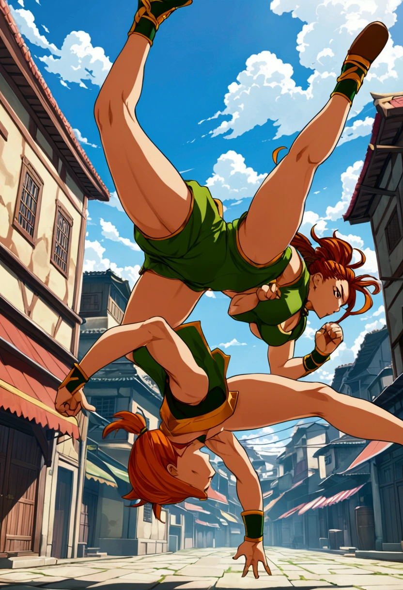 leona street fighter, jumping sideways, one leg raised with her knee hitting her belly, and the other leg stretched back,anime style.