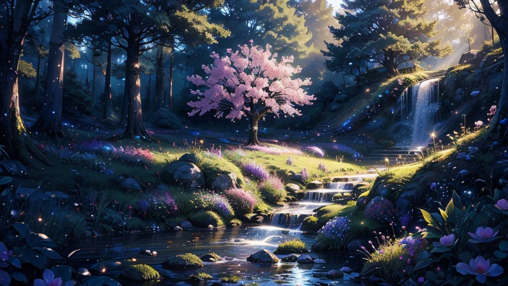(masterpiece)),((Highest quality)),((High Detail)),nobody, background, Sparkling, Jewel Forest, Glowing tree, Shining Flower, Morning light