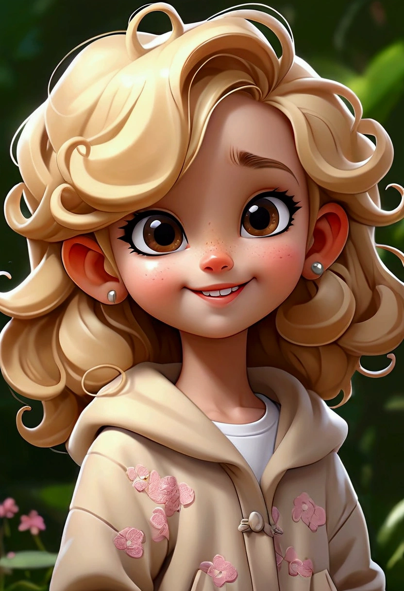 Cartoon close-up、Pop surrealism、Photorealistic painting、Detailed anime soft face、cute漫画のキャラクター、cute漫画スタイル、cute漫画、cute！long、Blonde permed hair、What a lovely smile、4 year old