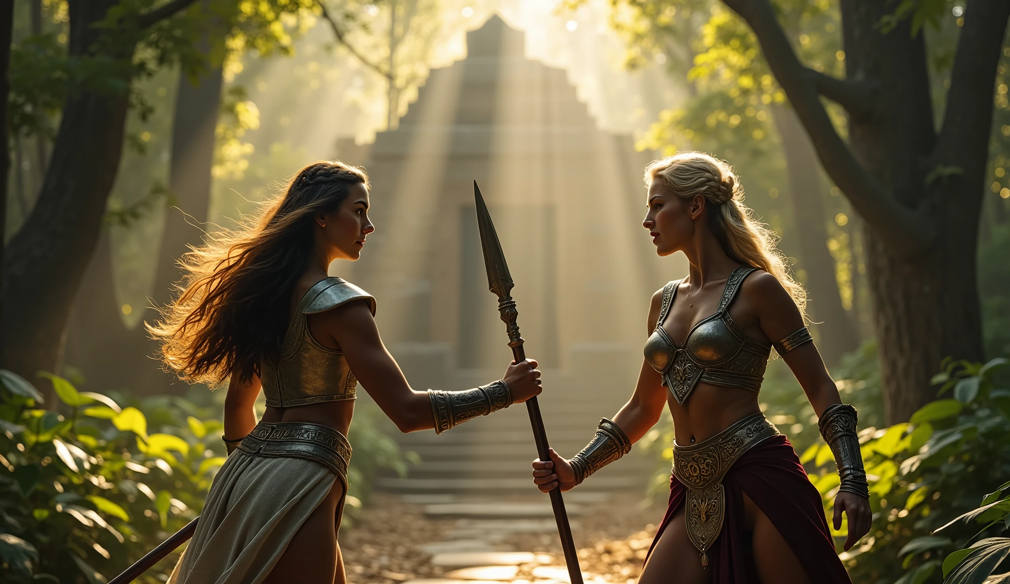 two amazons ready to fight each other, amazon 1 (brunette, light armor, spear) amazon 2 (blonde, a long braid, light armor, two handed staff) forest background and ancient temple, battle stance. (masterpiece) (best quality) (detailed) (8k) (HDR) (wallpaper) (cinematic lighting) (sharp focus) (intricate)(very detailed hands), upper body