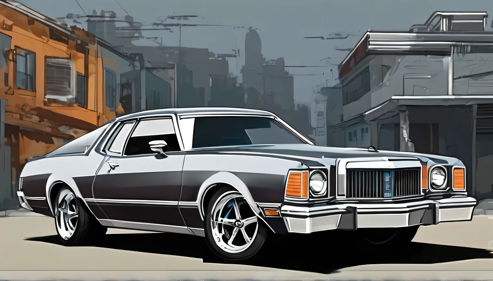 1976 Ford Grand Torino pop art, cartoonish style , sketch, comic, detailed illustration, large chrome wheels, slammed to the ground, wide bodykit, masterpiece, highly detailed ((([simple  grey background])))
