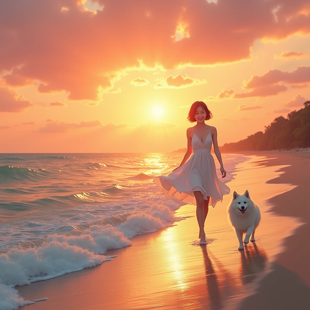 Highest quality, masterpiece, Ultra-high resolution, full body, A beautiful sunset over the coastline. The waves are gently lapping at the shore. A slender Japanese woman in her mid-20s, Short hair, wearing a white dress, is walking slowly along the water’s edge. As she walks, she gives a light smile towards the camera. Following behind her is a Samoyed with fluffy white fur.