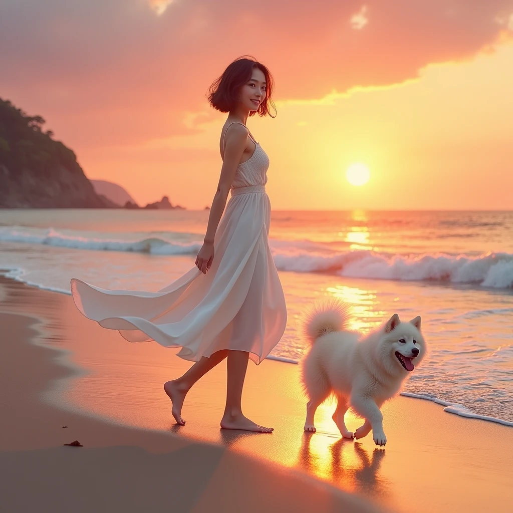 Highest quality, masterpiece, Ultra-high resolution, full body, A beautiful sunset over the coastline. The waves are gently lapping at the shore. A slender Japanese woman in her mid-20s, Short hair, wearing a white dress, is walking slowly along the water’s edge. As she walks, she gives a light smile towards the camera. Following behind her is a Samoyed with fluffy white fur.