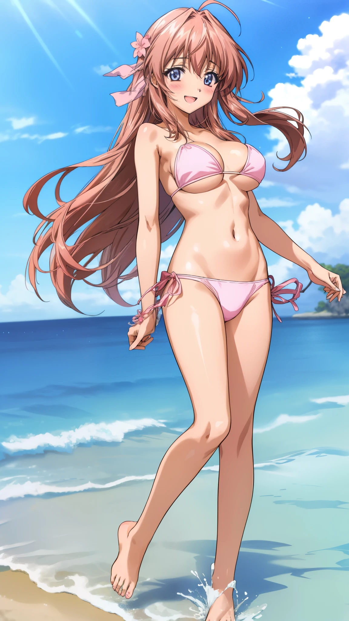 Anime illustration Aoikan, 1 person, Pink bandeau bikini, Big Breasts、 blush, Cute Smile Open your mouth, Are standing, (
She walked along the starry beach, touched the water barefoot, and came closest to that smile), barefoot, Two Arms, (cinematic angle:1.1),