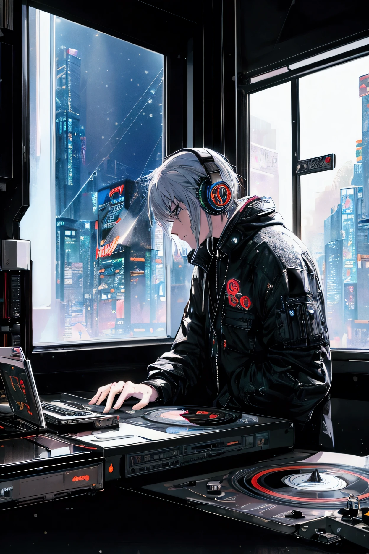 Man listening to music with headphones on, Incredibly detailed portrait, Vintage Wave, cyberpunk, Sad mood, light shining through the window, nighttime scene, One bedroom, 2d, Shot from a distance, wide shot, Noise in the film, Old comics, Lots of records, vinyl record store, masterpiece, Very high quality, official art, beautiful and aesthetic, very detailed, fractal art, Electric and acoustic guitars, Musical score, Lo-fi hip-hop, side view, Old animation texture, alone, speaker, cyberpunk, vinyl, night, It snows outside in winter., Stare at a laptop with music production software