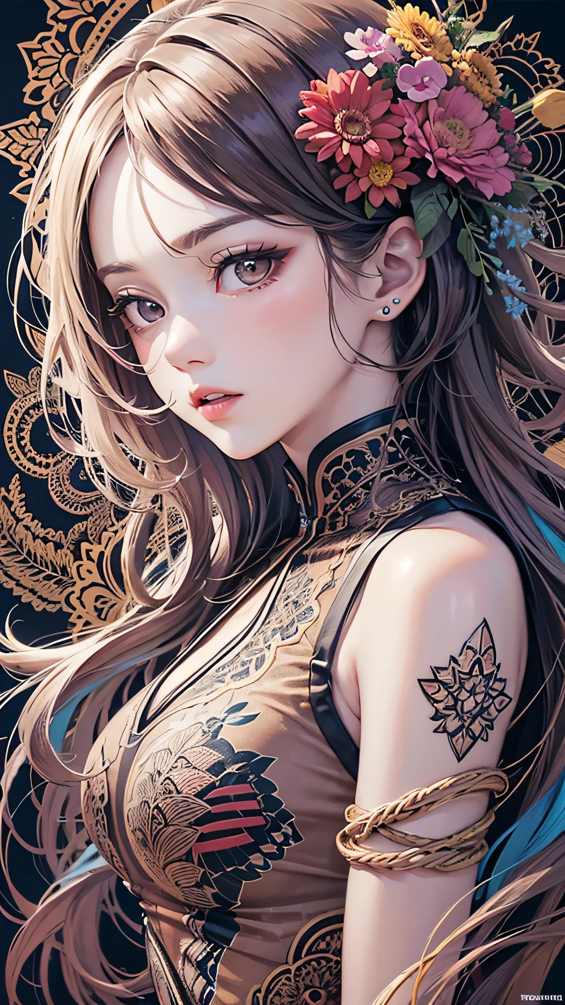 official art, unity 8k wallpaper, ultra detailed, beautiful and aesthetic, masterpiece, best quality, (zentangle, mandala, tangle, entangle), (fractal art:1.3) , 1girl, big breast, extremely detailed, dynamic angle, cowboyshot, the most beautiful form of chaos, elegant, a brutalist designed, vivid colours, romanticism, by james jean, roby dwi antono, ross tran, francis bacon, michal mraz, adrian ghenie, petra cortright, gerhard richter, takato yamamoto, ashley wood, atmospheric, ecstasy of musical notes, streaming musical notes visible
