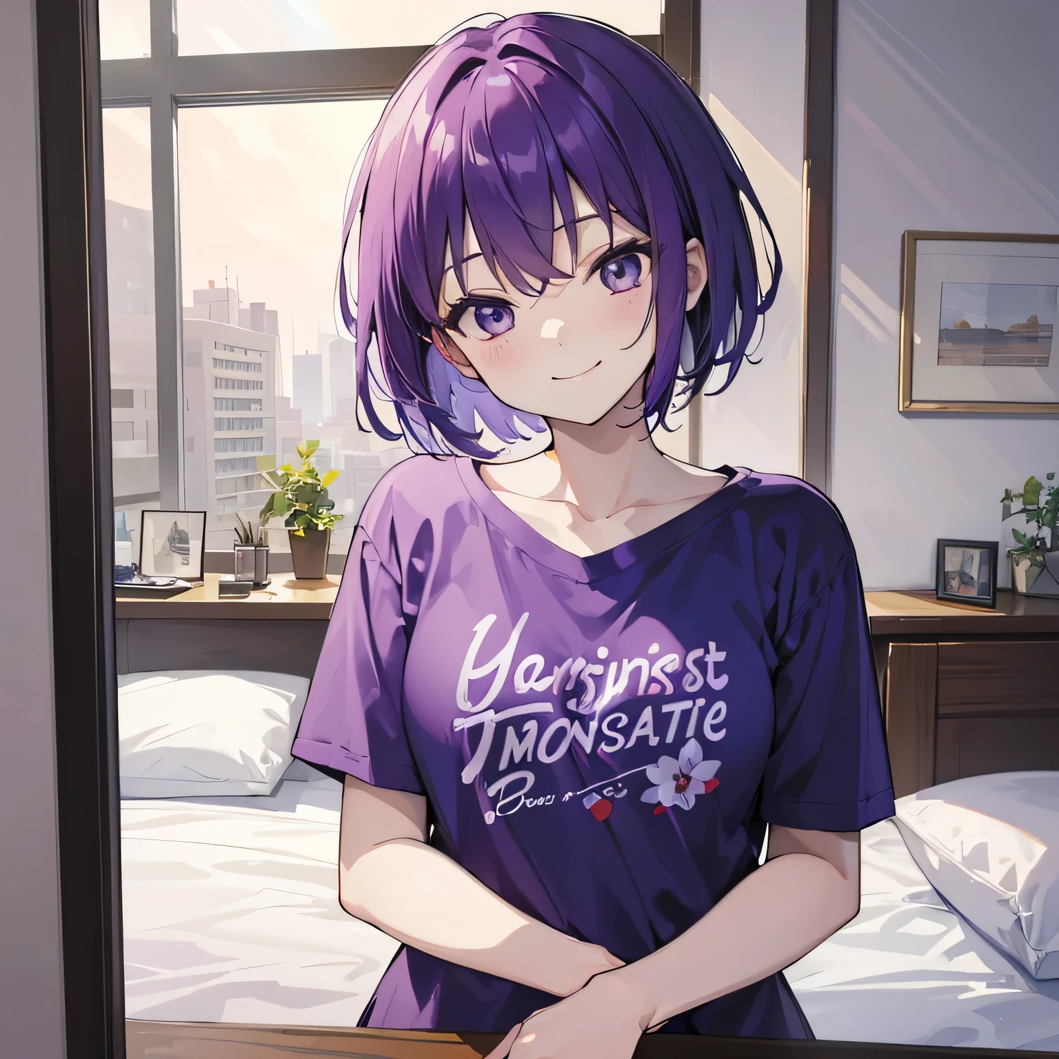 (T Masterpiece,4K wallpaper,Best Quality))、((1people))、(solo)、Bright and Brilliant,(Purple Hair)、(short hair:1.3)、smile、Bedroom、T-Shirts、morning