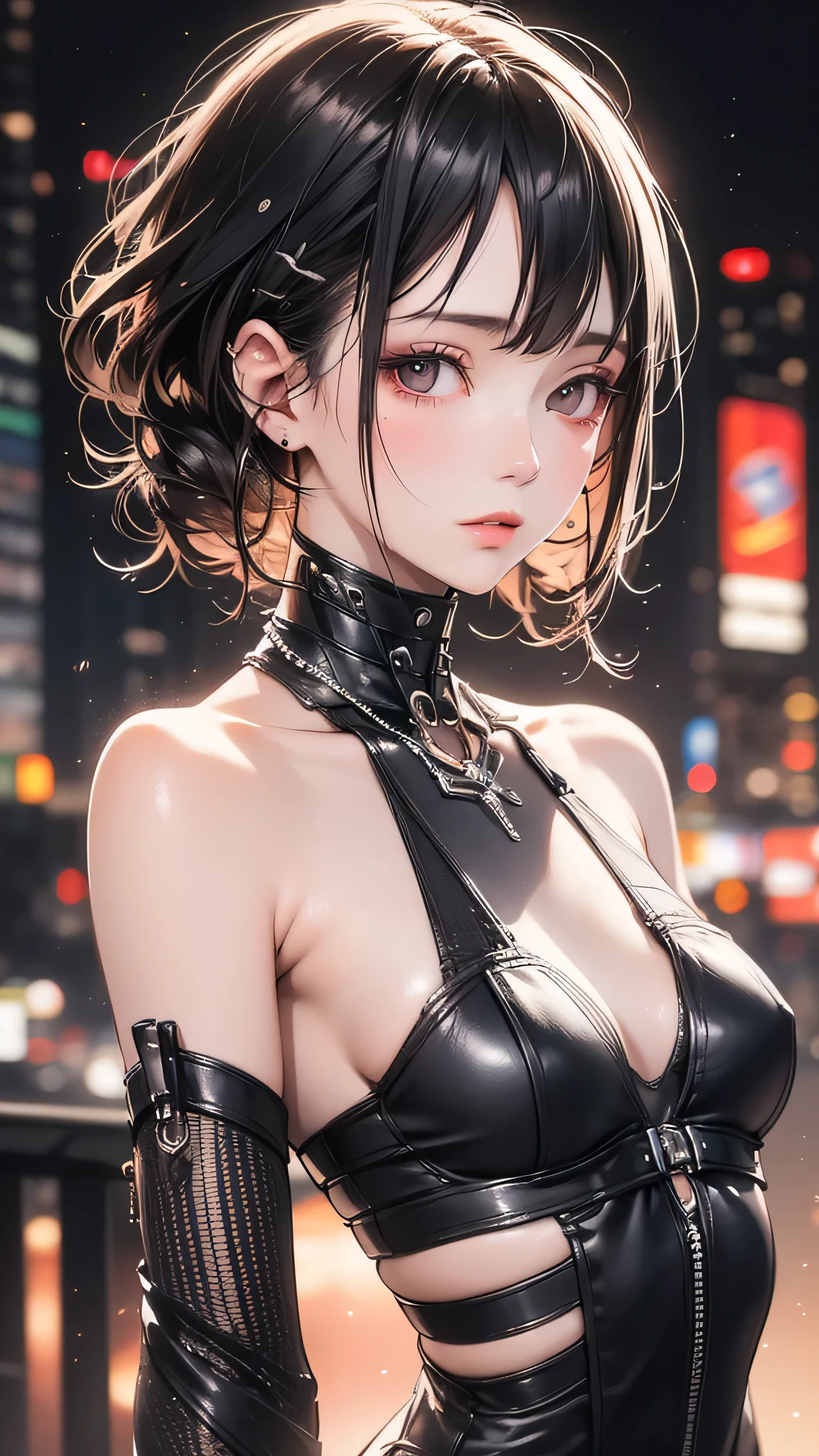 (One person:1.3), alone, Delicate and realistic skin, Fine skin, Mid-chest, Official Art, Unified 16k wallpapers, Super detailed, beauty and aesthetics, beauty, masterpiece, Highest quality, In Cyberpunk City, Great atmosphere, A calming color palette, Peaceful mood, Soft Shadows, Glamour