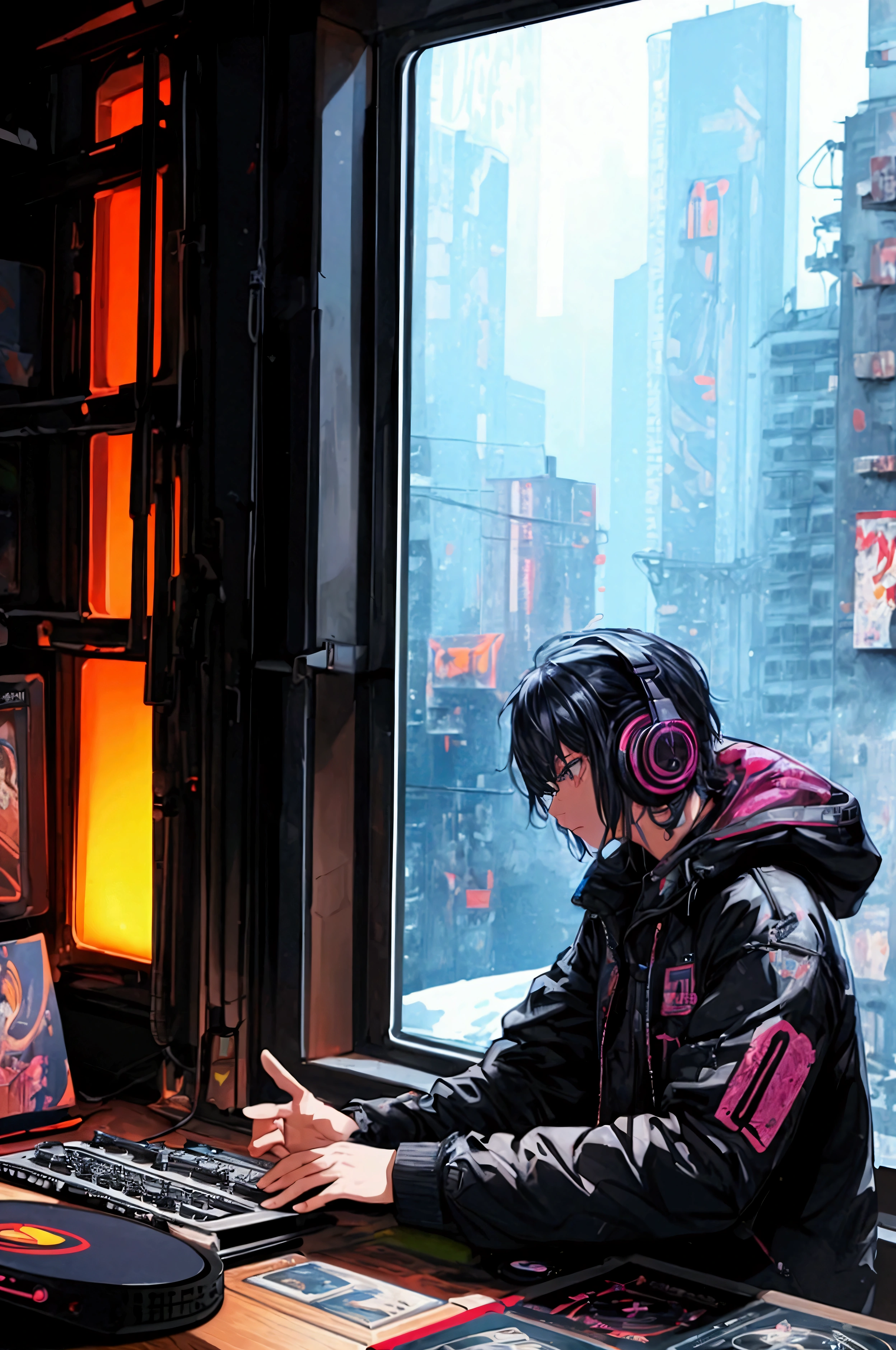 Man listening to music with headphones on, Incredibly detailed portrait, Vintage Wave, cyberpunk, Sad mood, light shining through the window, nighttime scene, One bedroom, 2d, Shot from a distance, wide shot, Noise in the film, Old comics, Lots of records, vinyl record store, masterpiece, Very high quality, official art, beautiful and aesthetic, very detailed, fractal art, Electric and acoustic guitars, Musical score, Lo-fi hip-hop, side view, Old animation texture, alone, speaker, cyberpunk, vinyl, night, It snows outside in winter., Stare at a laptop with music production software