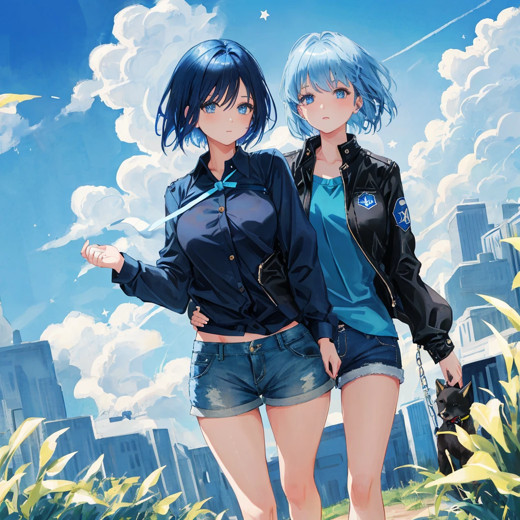 1girl, blue short hair with slight curvy ends, shiny blue eyes with a star in the middle of her eyeballs, dark blue blouse with sky blue wind patterns, wearing a black jacket outside of her blouse, denim shorts with white folds on it, cute and detailed face , hugging her pet Shiba while walking on a green sunny grassland
