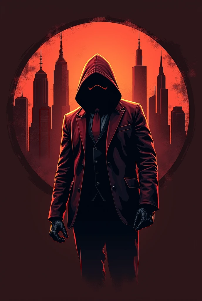 Logo for a soccer team with a masked antihero in the middle, with some skyscreapers in the back, use dark colors likes Red and Brown , put all the elements in a circle