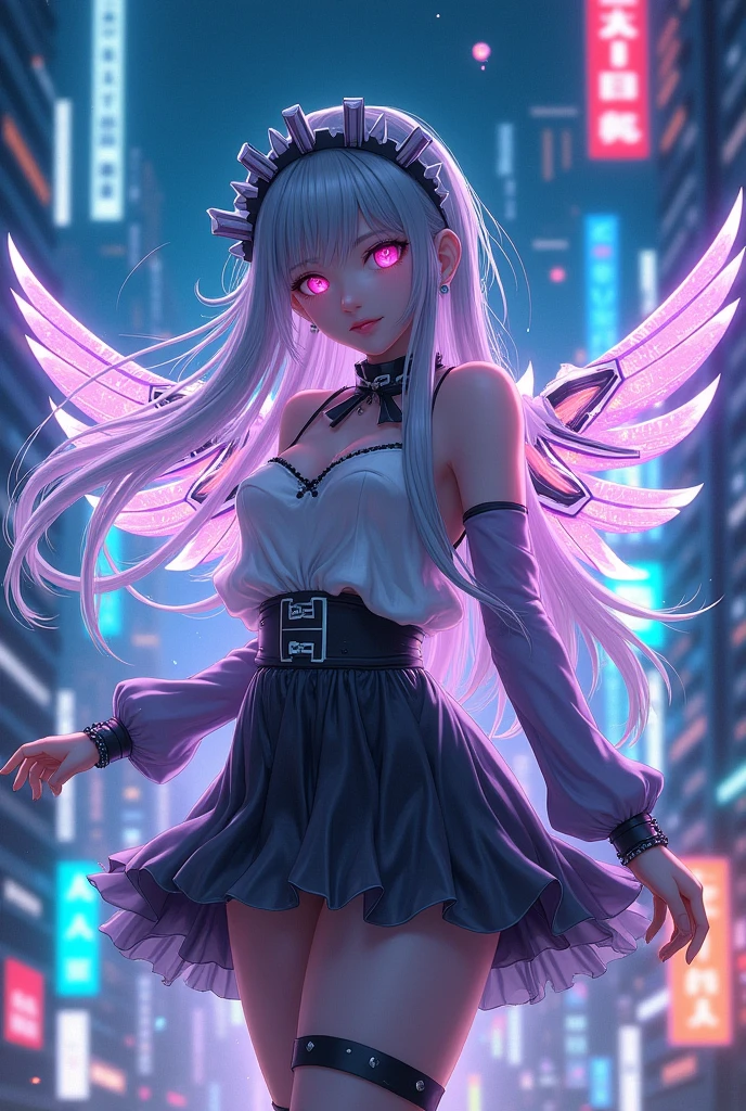 top-quality、ighly detailed、masterpiece、ultra-detailliert、illustratio、((1girl in))、silber hair、length hair、Floating hair、、Cyber City、Neon building、(The upper part of the body:1.05)、extremely_Detailed_Eyes_And_Face,cybernetic wings mechanical wings、Random posture、Skyscraper、、Mechumusume、shrine maiden clothe,maid clothes、Random angles、anime styled,cowboy shot