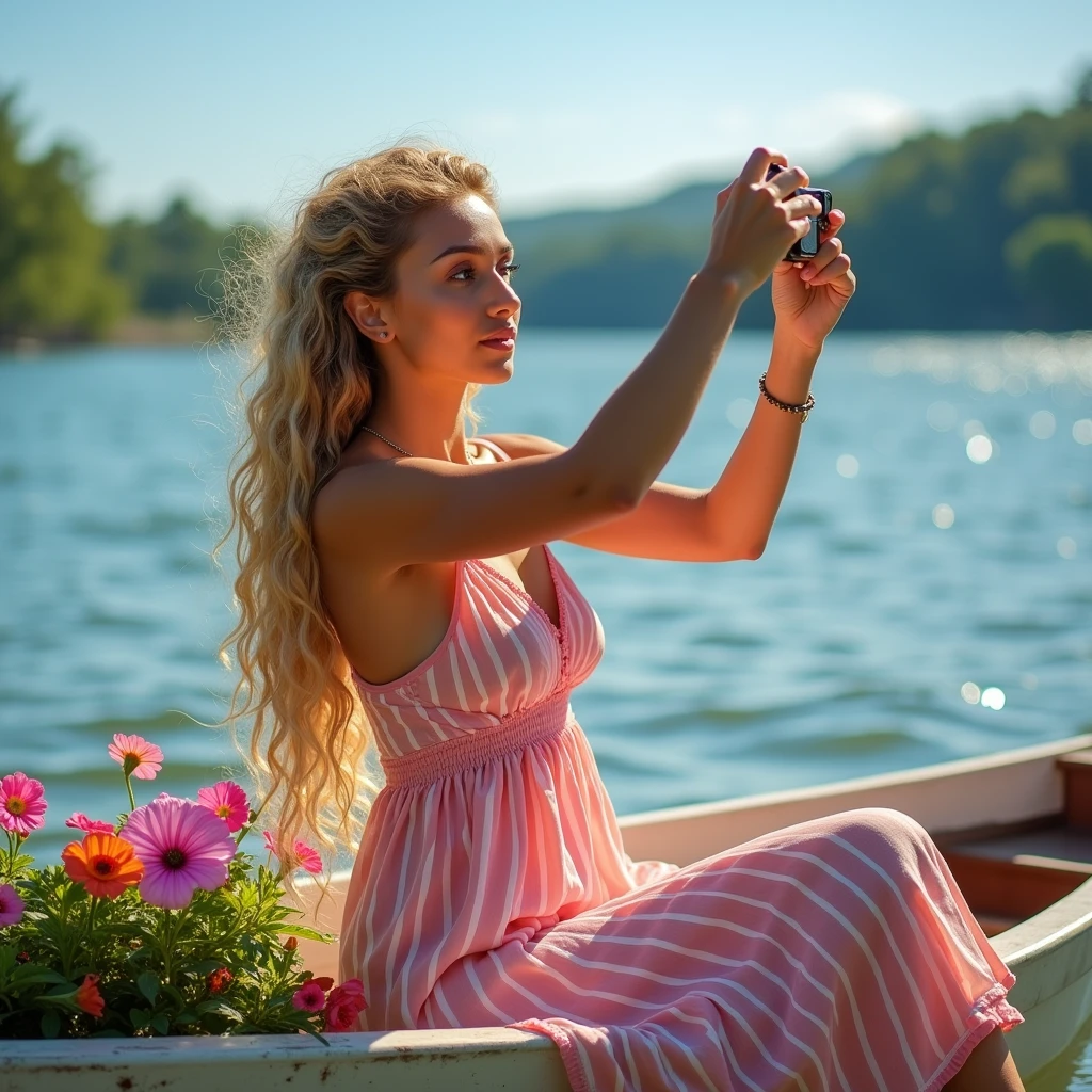 She is from the back she takes a picture of the back of the lake with a camera,Very long Curly hair blond, Toffee color skin, beautiful caribean toffee mixed woman of 26 years old with long blond curly hair and extremely detailled clear yellow eyes , She is sitting in a boat in a sunny lake with a flower in her hand and several flowers in her boat, She wears a pink dress with white stripes, She takes a picture of the view of the lake around her