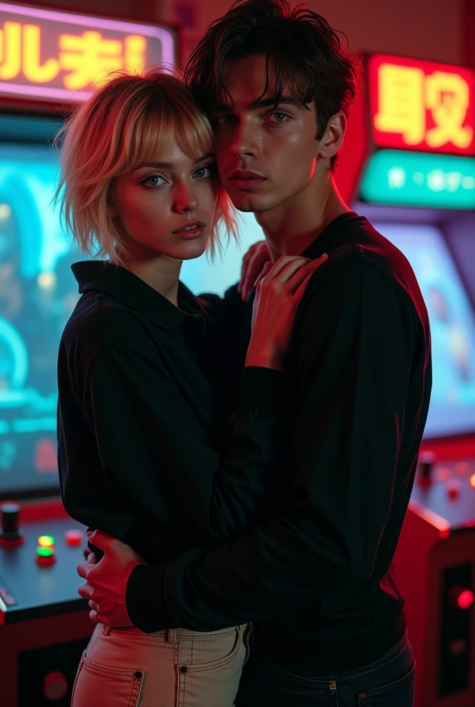 Imagem dark fantasy, woman short dark blonde hair, with glasses, black blouse, beige pants, blue eye, hugging a dark brown haired man, whisker, hair divided in the middle, in a black long sleeve shirt, in an arcade.