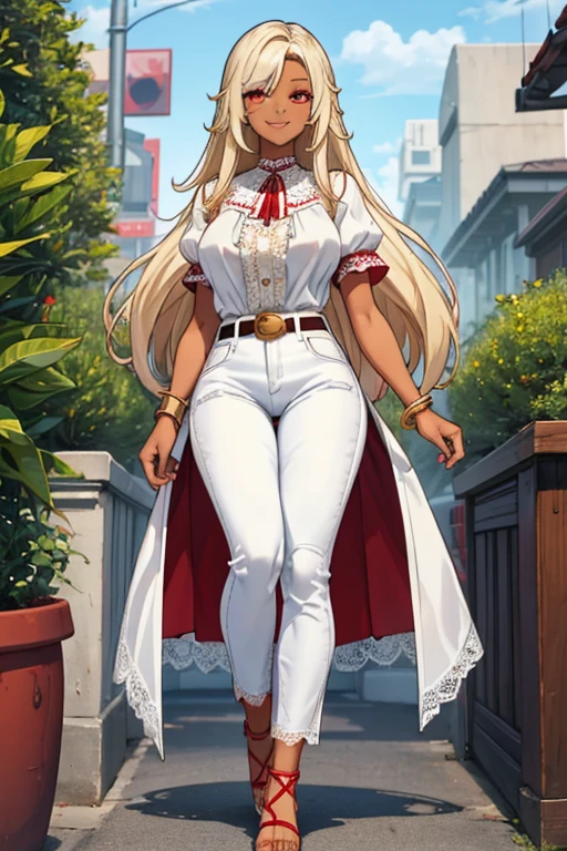female, white long hair, red eyes, dark skin, (((1girl))), (((white short sleeve lace blouse))), (white denim pants), (gold low heel sandals), (gold belt), cute and sexy, full body, large breasts, long legs, smiling