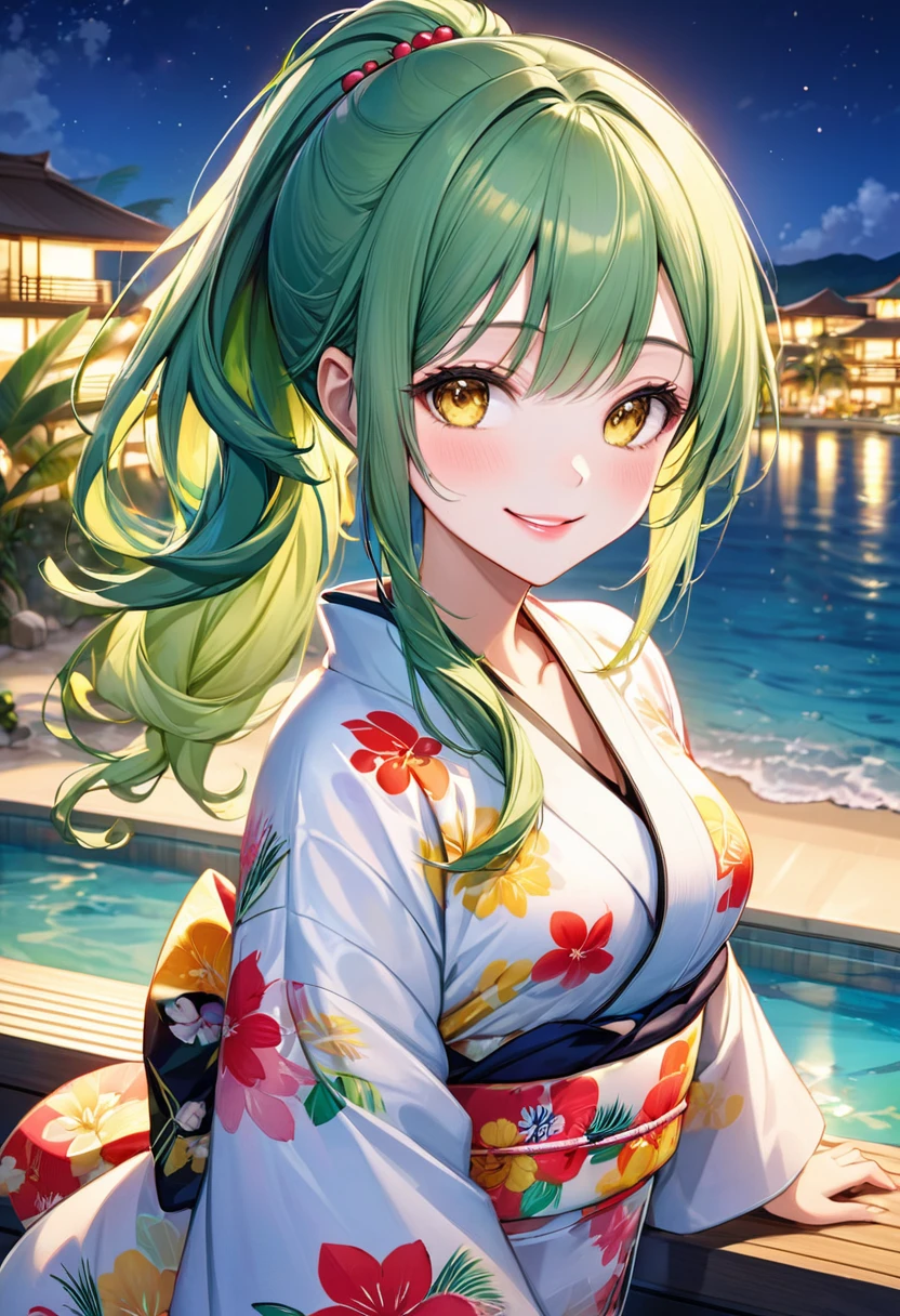 (Tropical hotel style), (relax pose), (solo:2, 15 yo), (beautiful detailed ponytail green hair long hair) (best beauty girl) (beautiful sexy yellow eyes) (cute smile) (glossy lip, love smile), (medium tits), in a cute kimono, break, in the Resort hotels in Okinawa, background beautiful ocean and night ski, BREAK, 16K, masterpiece, best quality.