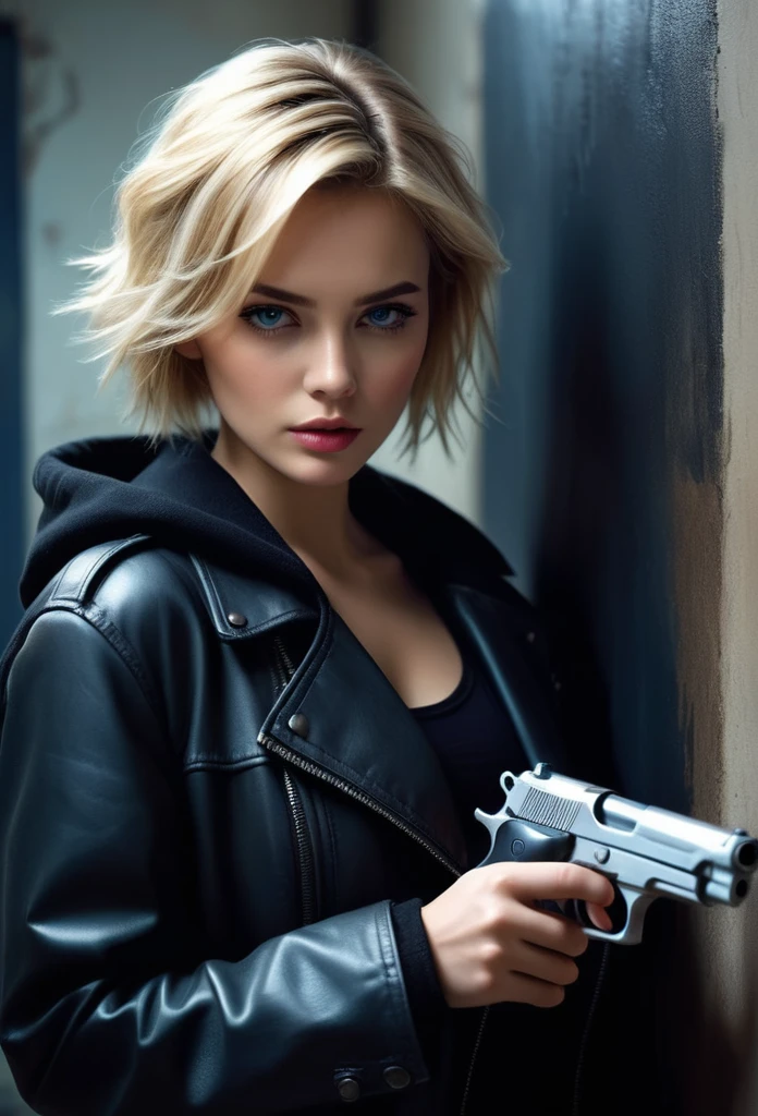 picture, (realistic: 1.4), (surrealist: 1.4), (cinematic: 1.5), (Pretty woman in her 20s_delicate eyes, delicate nose, delicate lips, Cleft Chin), woman with a gun, (Desert Eagle), Nikita, night, Blue Light, nervous, Messy short blonde hair, With a gun in your hand, basement, A black hooded hat pulled down low, sunglasses, Electrical cord on the wall, water pipe, vivid silhouette, 3D texture,