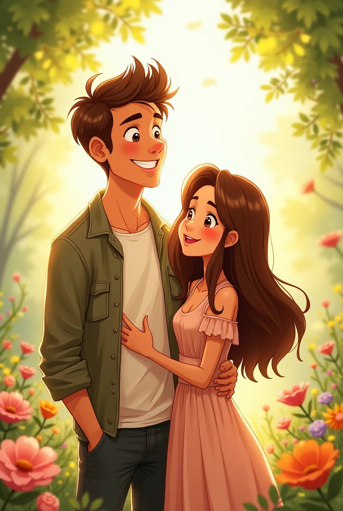 Create a couple of about 18 like a cartoon , that the boy has semi-long brown hair ,your skin is white ,have a little hair on your chin, be a little taller,be strong brown eyes and have a green shirt . .the girl is brown-haired , no tattoos, brown eyes and wearing a black dress and the boy is in front and is hugging the girl from behind