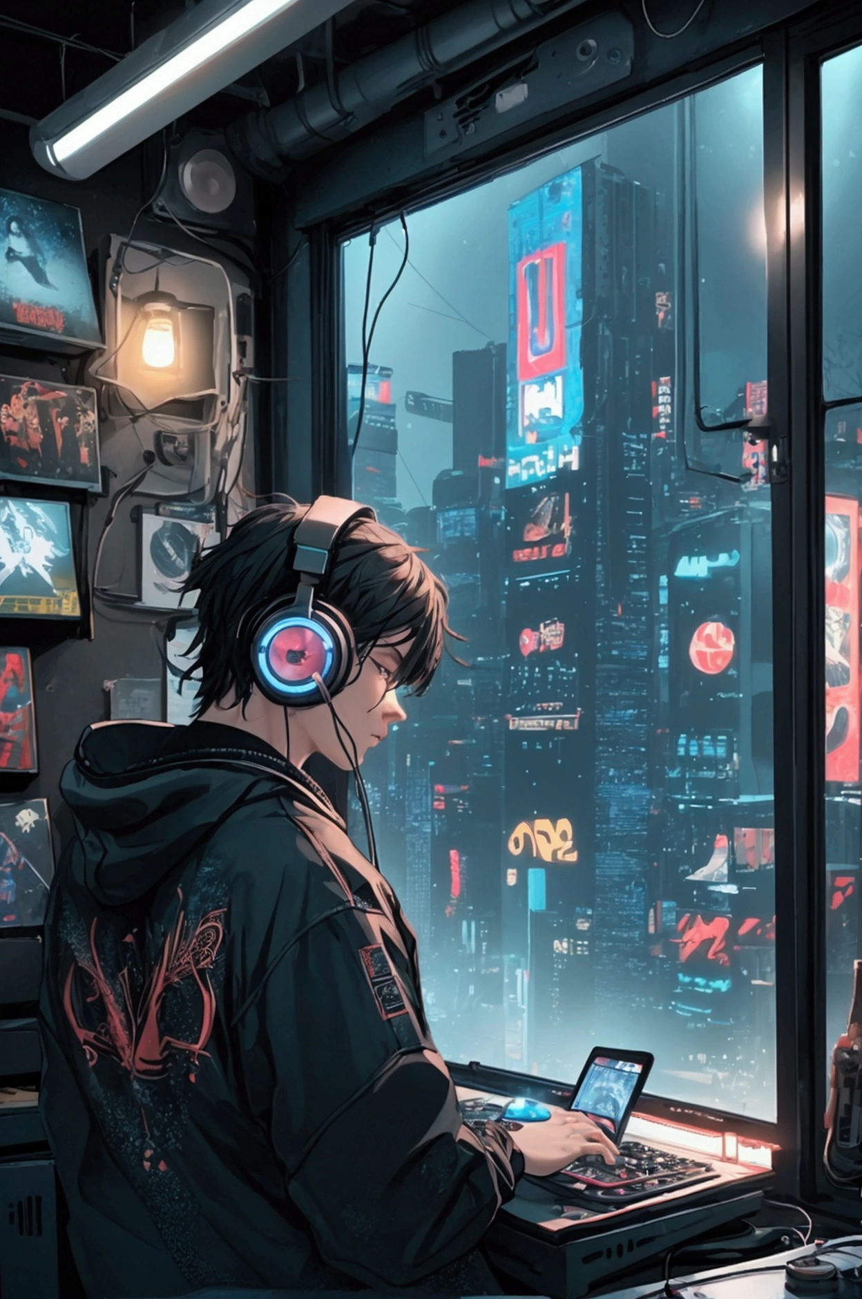Man listening to music with headphones on, Incredibly detailed portrait, Vintage Wave, cyberpunk, Sad mood, light shining through the window, nighttime scene, One bedroom, 2d, Shot from a distance, wide shot, Noise in the film, Old comics, Lots of records, vinyl record store, masterpiece, Very high quality, official art, beautiful and aesthetic, very detailed, fractal art, Electric and acoustic guitars, Musical score, Lo-fi hip-hop, side view, Old animation texture, alone, speaker, cyberpunk, vinyl, night, It snows outside in winter., Stare at a laptop with music production software