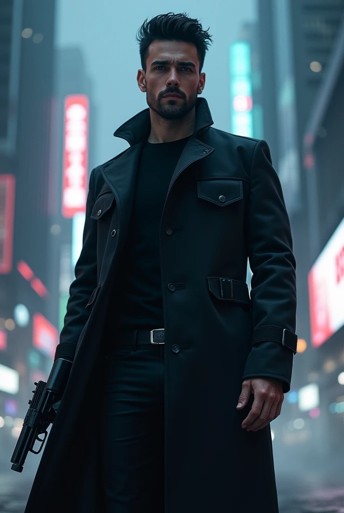 Noir man, cyberpunk, Mild unshaven, short dark hair, dark coat, Futuristic pistol in a holster