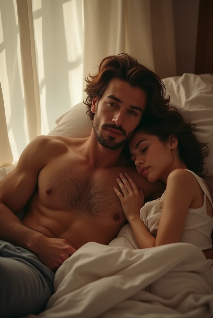 a shirtless man couché dans son lit ,next to him sleeping women here back show and on his chest, couché dans son lit, Posant au lit, volet, selfie d'un homme, joli jeune homme, poitrine poilue et corps poilu, masculin sexy, allongé sur un lit, regard sexy devant la caméra, homme de 30 ans, Allongé dans son lit, mâle attirant, en posant dans le même lit selfie man in his bed with girl next to him sleep and both half naked he capture here without she know