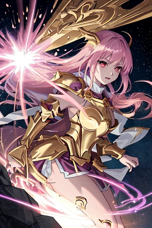 Fantasy Holy Warrior Woman Mysterious Galaxy Shooting Star Battle Spirit Pink Hair Golden Breastplate Black Jacket Golden Armor Fighting Dragon