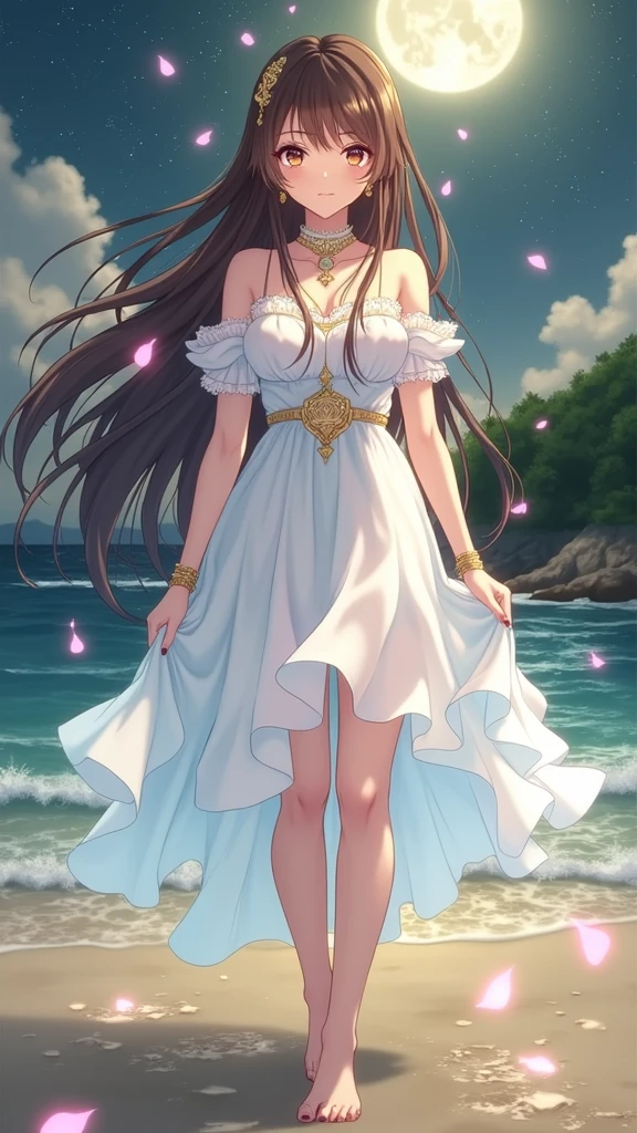 (masterpiece、Highest quality、8k、High resolution)、One female、(Beautiful Face、Beautiful Face)、Beautiful eyes、Beautiful lips、Beautiful nose、Brown-black hair、(The best girl in anime)、Sandy beach with a view of the forest、A bright night with stars visible、full moon、milky way、体whole bodyから神秘的な光の粒子、Colorful light particles、A mysterious light glowing around the head、melt、jewelry、necklace、dress、(whole body)、Highly detailed anime art、A complete portrayal、